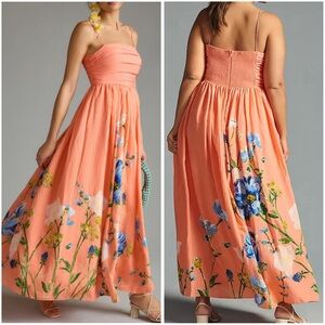 Anthropologie Orange and Blue Pleated Maxi Dress for Weddings